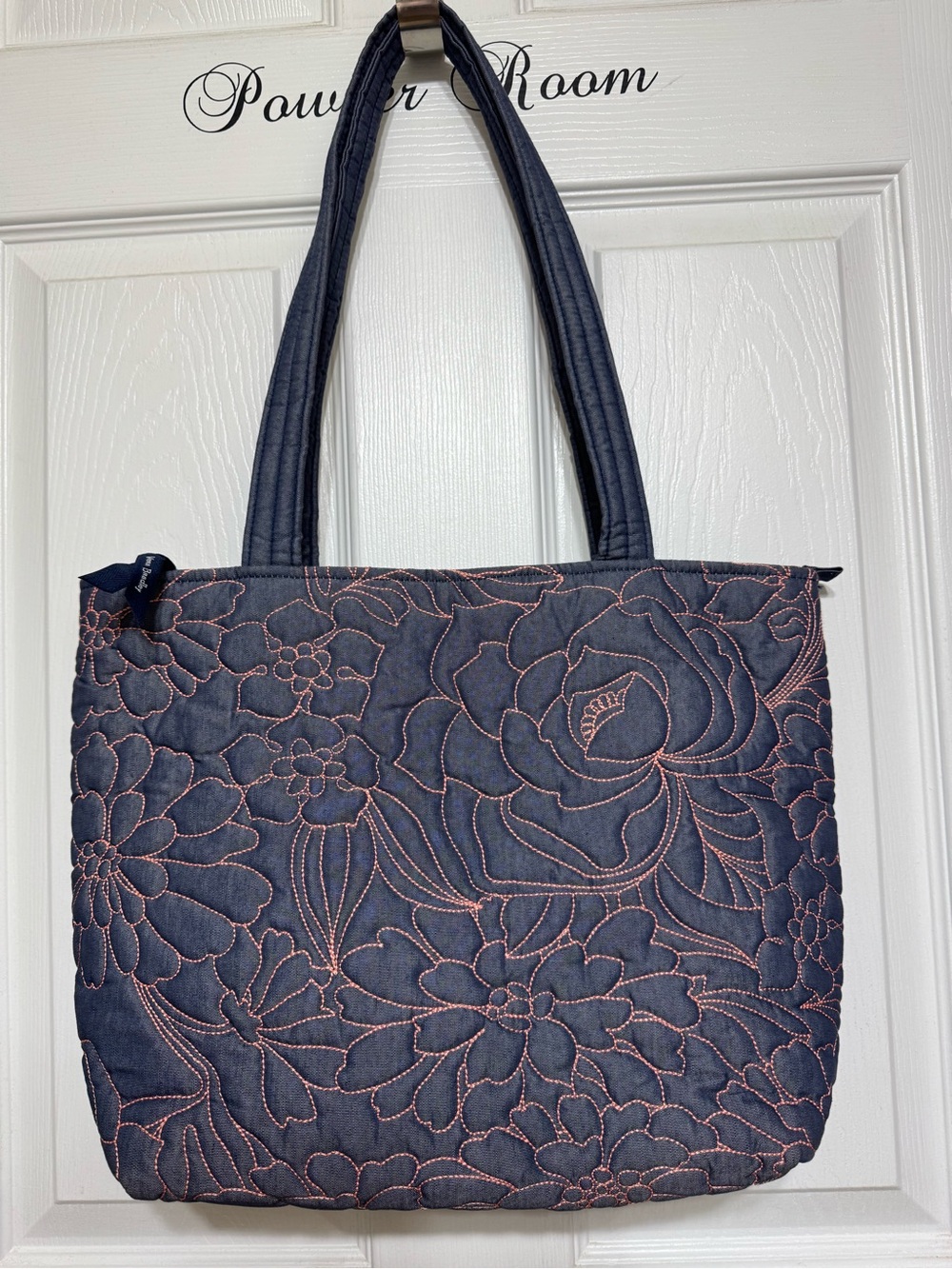 Vera Bradley Small Vera Tote Aloha Blooms Quilt Embroidered Denim Midnight
